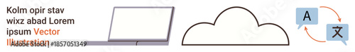 Cloud computing, online translation, language services, remote work, global accessibility, digital tools. Minimal laptop, cloud outline and translation icons. Cloud computing and online translation