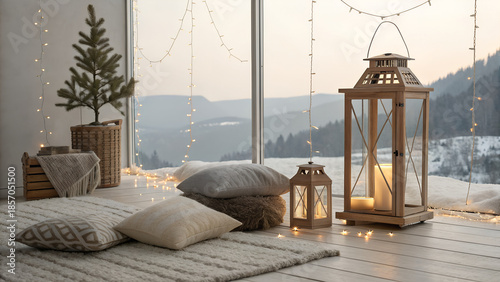 Hygge holiday decoration scene, minimal Scandinavian ornaments, candles, natural textures, soft warm light, copy space