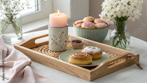 Scandinavian cozy coffee table background, wooden tray, pastries, candle, soft natural light, pastel neutral tones