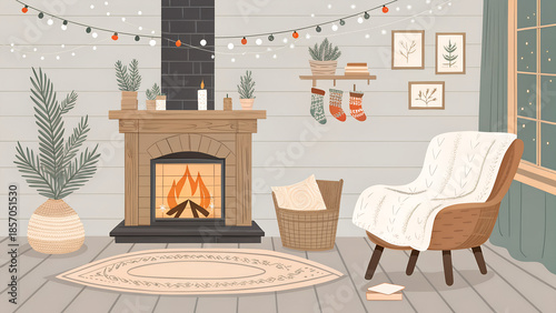 Flat vector illustration of hygge winter scene: fireplace, warm blankets, wool socks, Scandinavian interior style