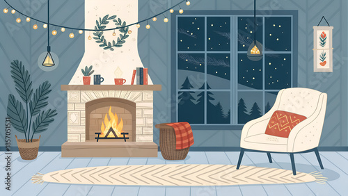 Flat vector illustration of hygge winter scene: fireplace, warm blankets, wool socks, Scandinavian interior style