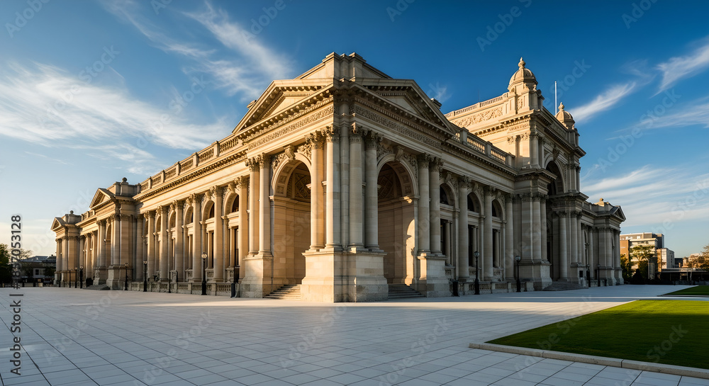 Obraz premium Grand Neoclassical Building Columns Sunny Day Blue Sky Copy Space