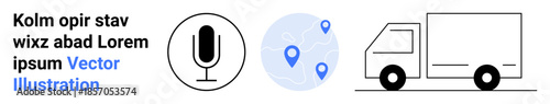 Logistics, geolocation, delivery services, voice recording, transportation, communication. Minimalist microphone icon, map with location pins and delivery truck illustration. Logistics