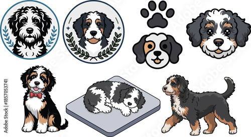 Bernedoodle cute puppies in various poses with paw print badge set