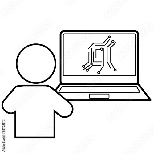 電子回路とノートパソコンを操作する人の線画ピクトグラム