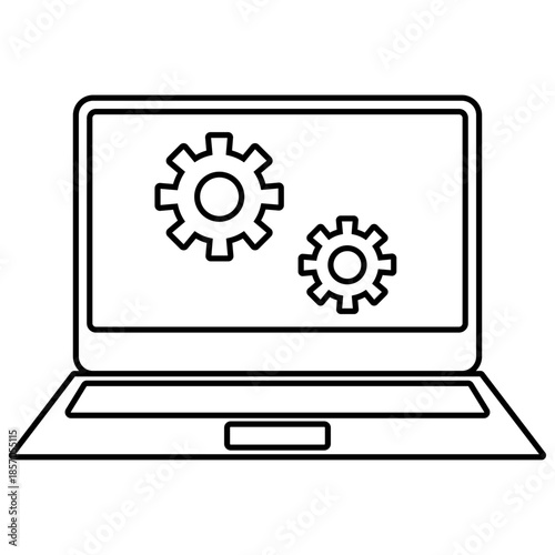 ノートパソコンと歯車の線画イラスト