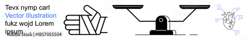 Health, justice, medical diagnostics, healthcare balance, anatomy education, fairness. Hand in bandage, balanced scale anatomical heart with details. Health and justice balance concept