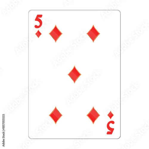 Five of diamonds. Playing card with golden elements. Casino icons. Pictograms representing different suits. Vector illustration. Flat design for modern visual elements.