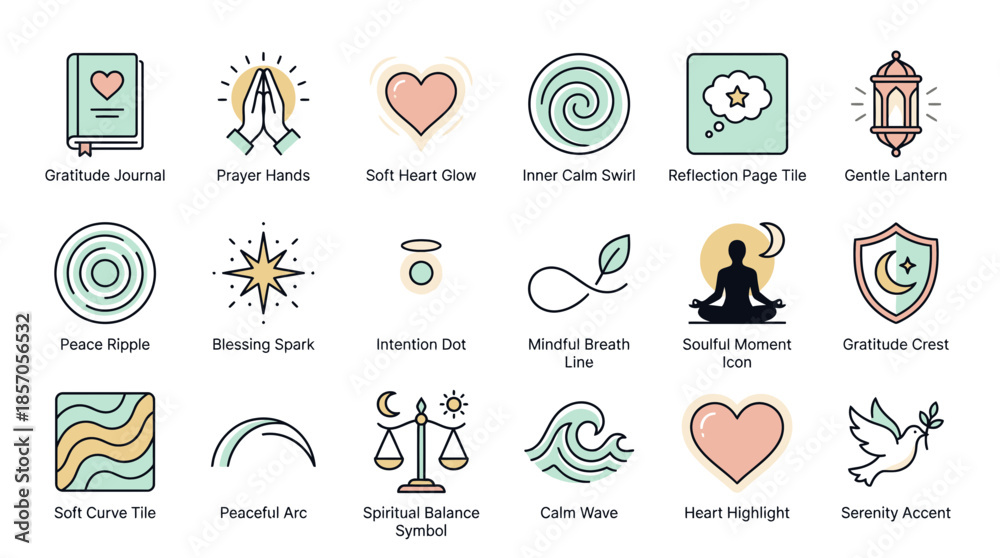 Fototapeta premium Find inner peace with this collection of mindfulness and wellness icons, perfect for promoting relaxation, meditation, and spiritual growth, designed for clarity