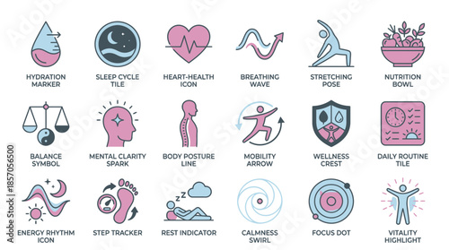Achieve wellness goals with fitness icons, embracing hydration, sleep, heart health, breathing, stretching, nutrition, balance, clarity, posture, mobility, routine, vitality and calm