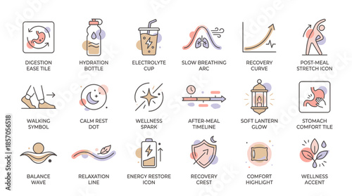 Embrace wellness with these modern line icons showcasing digestion, hydration, relaxation, recovery, and gentle exercise for a balanced and healthy lifestyle