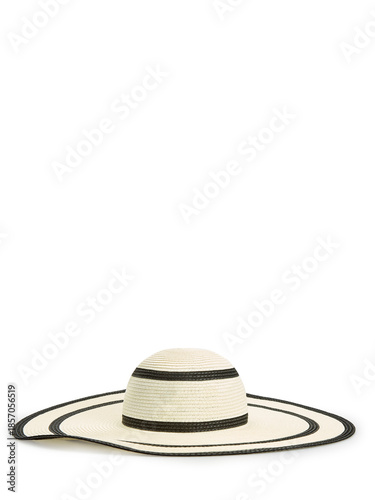 Stylish beach hat, Chic widebrimmed straw hat featuring concentric banding and shadows, Minimalist studio image showcasing fashionable oversized straw sun hat with sleek design and relaxed beach vibe