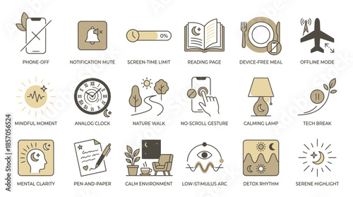 Disconnect and Recharge Lifestyle Icons for Digital Detox, Embrace Calmness with Mindful Moments, Nature Walks, and Tech Breaks for Mental Wellbeing and Serenity