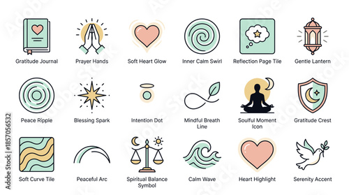 Find inner peace with this collection of mindfulness and wellness icons, perfect for promoting relaxation, meditation, and spiritual growth, designed for clarity