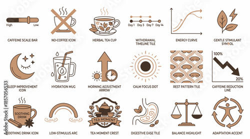 Explore Gentle Wellness Icons for Calm Living and Reduced Caffeine Intake, Including Sleep Support, Balanced Energy, and Soothing Tea Moments for Holistic Health