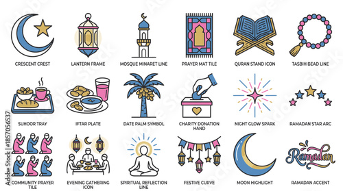 Celebrate Ramadan with this artistic collection of vector icons showing prayer, food, and spiritual symbols, perfect for festive greetings and cultural designs