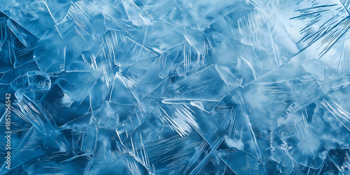 Abstract Blue Ice Texture with Sharp Frozen Cracks and Crystalline Patterns. Winter nature background for cooling industry marketing, seasonal web design, or frozen food branding.