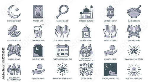 Ramadan Kareem vector icons set, perfect for creating stunning holiday designs with crescent moon, mosque, prayer beads, and community gathering elements
