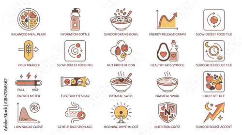 Empower your wellness journey with these modern nutritional vector icons, perfect for health blogs and fitness apps promoting balanced diets and healthy habits