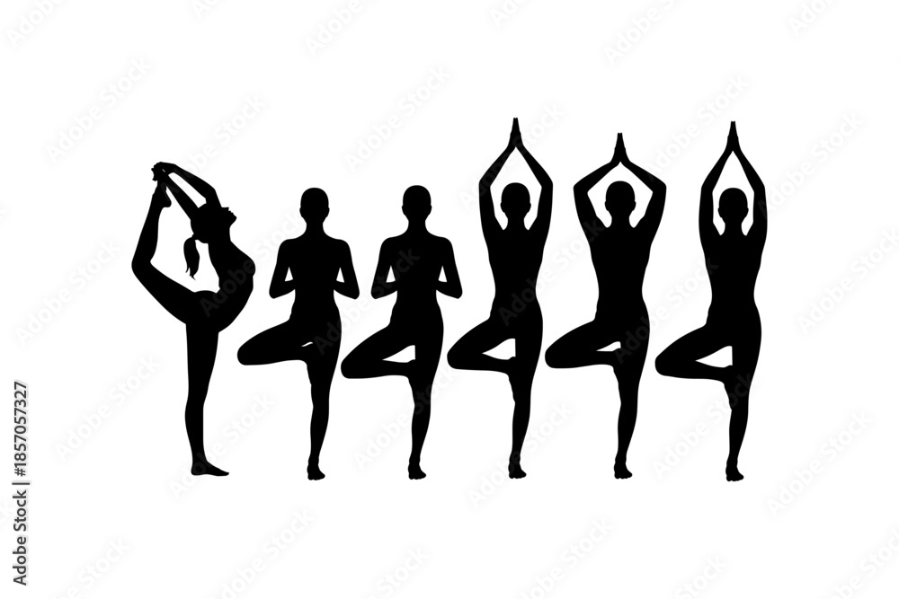 Fototapeta premium Yoga silhouette collection of women in tree pose and king dancer pose. Minimalist black yoga figures set on white background. Zen fitness exercise icons.