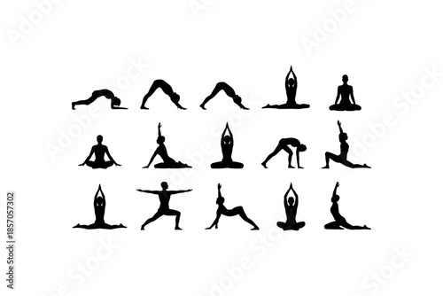 Set of silhouettes of woman and man doing yoga exercises big collection of yoga and meditation vector icon, boy and girl stretching and relaxing her body in many different isolated yoga poses