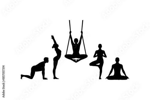 Set of silhouettes of woman and man doing yoga exercises big collection of yoga and meditation vector icon, boy and girl stretching and relaxing her body in many different isolated yoga poses