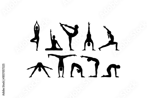 Set of silhouettes of woman and man doing yoga exercises big collection of yoga and meditation vector icon, boy and girl stretching and relaxing her body in many different isolated yoga poses