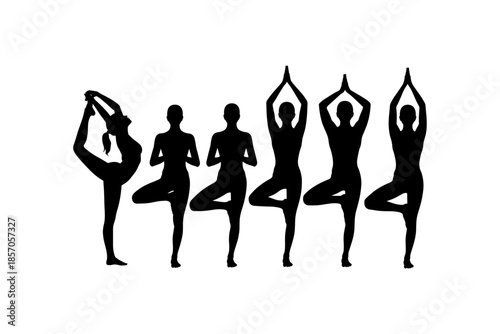 Set of silhouettes of woman and man doing yoga exercises big collection of yoga and meditation vector icon, boy and girl stretching and relaxing her body in many different isolated yoga poses