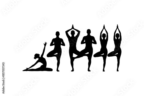 Set of silhouettes of woman and man doing yoga exercises big collection of yoga and meditation vector icon, boy and girl stretching and relaxing her body in many different isolated yoga poses