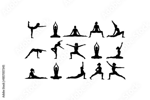 Set of silhouettes of woman and man doing yoga exercises big collection of yoga and meditation vector icon, boy and girl stretching and relaxing her body in many different isolated yoga poses