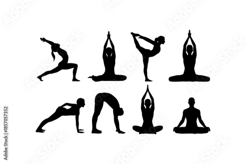 Set of silhouettes of woman and man doing yoga exercises big collection of yoga and meditation vector icon, boy and girl stretching and relaxing her body in many different isolated yoga poses