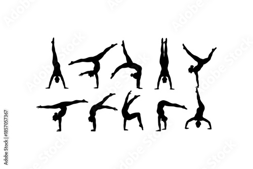 Set of silhouettes of woman and man doing yoga exercises big collection of yoga and meditation vector icon, boy and girl stretching and relaxing her body in many different isolated yoga poses