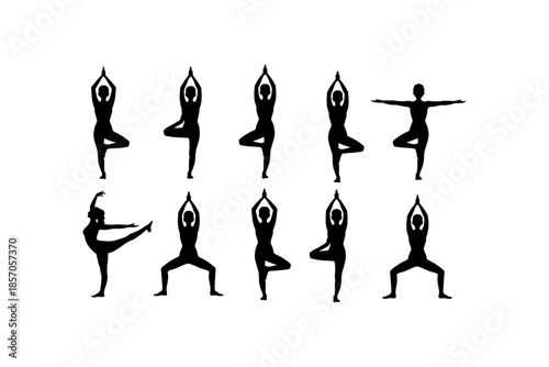 Set of silhouettes of woman and man doing yoga exercises big collection of yoga and meditation vector icon, boy and girl stretching and relaxing her body in many different isolated yoga poses