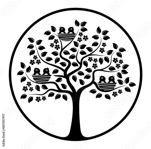 flowering tree with birds in nests in round isolated on white background