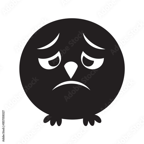 Sad cartoon bird with frowning face on black background