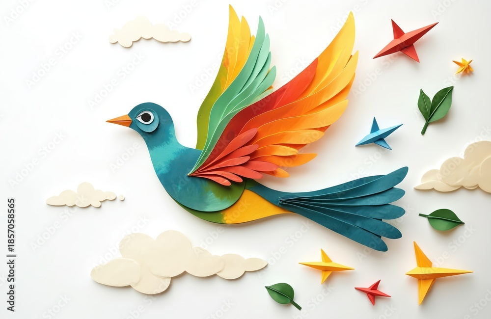 Obraz premium Colorful paper bird flies in sky with clouds, leaves, and origami stars. Whimsical illustration with vibrant rainbow wings evokes joy and freedom. Ideal for children books and fantasy themes.