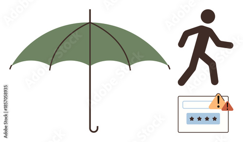 Green umbrella, person walking, warning on password login screen. Ideal for security, protection, privacy, insurance, safety cyber defense risk management. Simple flat metaphor