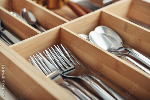 Bamboo box with cutlery in drawer