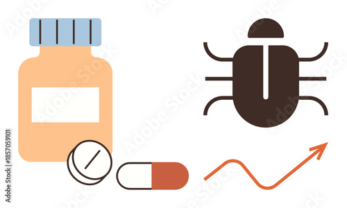 Medicine bottle, pills, bacteria icon, rising arrow. Ideal for healthcare, microbiology, resistance, antibiotics infection pharmaceutical research scientific progress. Simple flat metaphor