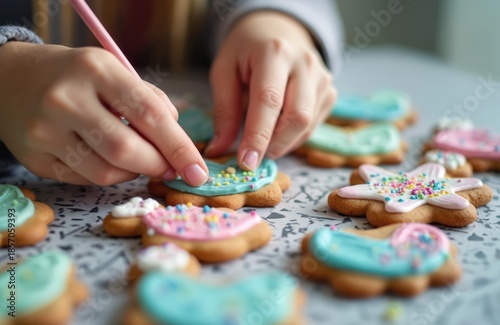 Childs hands decorate star shaped gingerbread cookies with blue icing and colorful sprinkles. Making sweet holiday treats with family. Creative fun.
