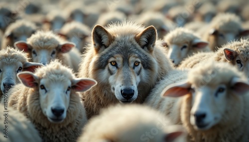Wolf hides in sheep flock. Dangerous predator pretends to be harmless farm animal. Deception, danger metaphor for disguise, betrayal, hidden threat in society. One wolf amongst many innocent sheep.