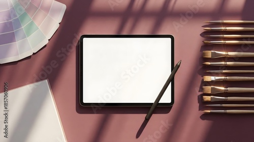 Digital artist mockup featuring a tablet with a blank screen, stylus, brushes, and color swatches on a maroon background.