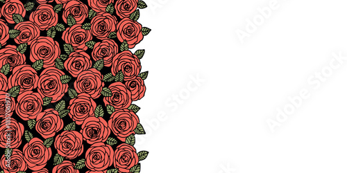 Summer background with roses flowers. Nature concept design. Modern floral composition. Vector illustration for poster, invitation, greeting card. Botanical style roses frame. Copy space.