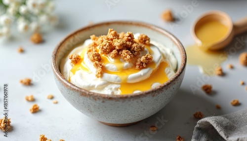 Bowl of greek yogurt with honey and crunchy granola topping. Delicious creamy dairy snack served for healthy breakfast or dessert. Natural sweet food on light grey background.