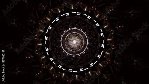 Cinematic mandala pattern with bold symmetry and detailed geometry, abstract kaleidoscope backdrop for events, live visuals and chill meditation scenes, ideal for digital art backgrounds and VJ