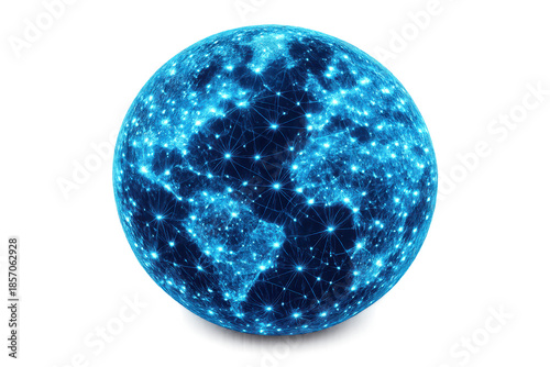 Blue network globe on transparent background, world connections view
