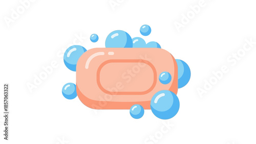 Vibrant illustrative icon of a pink bar of soap generating lively blue bubbles, symbolizing cleanliness, hygiene, and refreshing handwashing. Perfect for promoting health and personal care routines