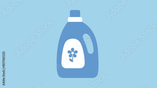 Stylized illustration of a blue laundry detergent bottle with a decorative white flower graphic, symbolizing fresh and clean fabric care for household washing routines
