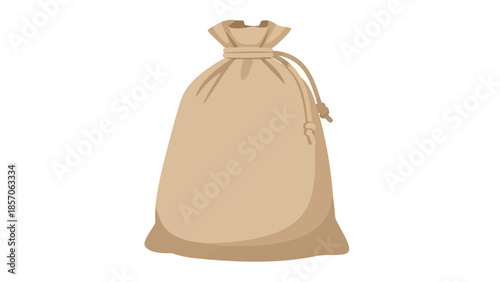 Simple blank brown canvas sack with tied drawstring closure, an empty reusable bag illustration for storing grains, flour, or produce in a traditional, eco-friendly way