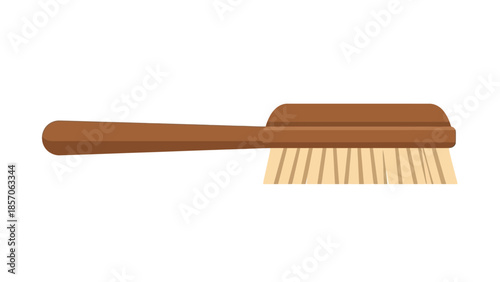 A simple brown wooden-handled brush with light bristles isolated on a white background